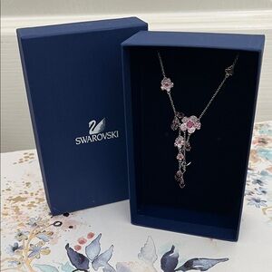 Swarovski Tinkerbell Charm Pink Dangle Flower Charms Silver Necklace